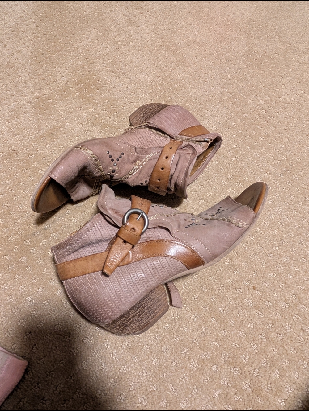 Miz Mooz Blush-Tan Suede Ankle Peep Toe Booties with Buckle Strap